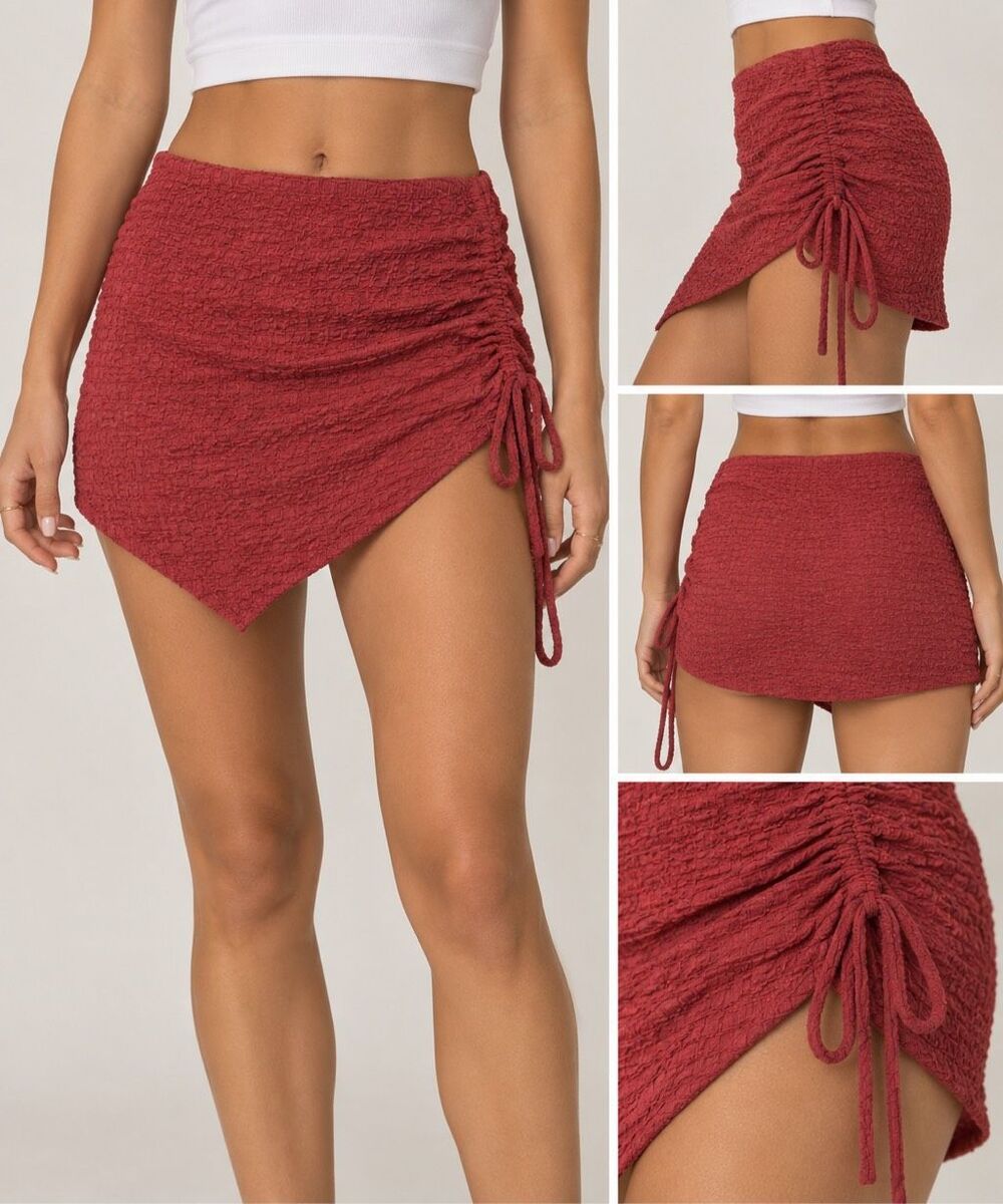 See You Monday Red Ruched Wrap Mini Skirt Small Y2K Asymmetrical